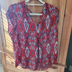 Dr2 Print Red Cap Sleeve Low Back Shirt Blouse